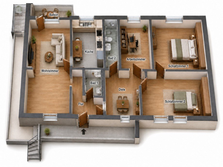 Untergeschoss - KI-generierter 3D-Grundris Zweifamilienhaus Reichelsheim