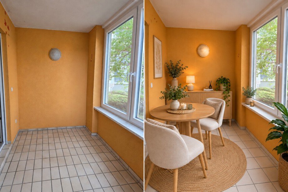 Links Originalaufnahme Rechts KI-M�liert. Erdgeschosswohnung Heppenheim (Bergstra�e)