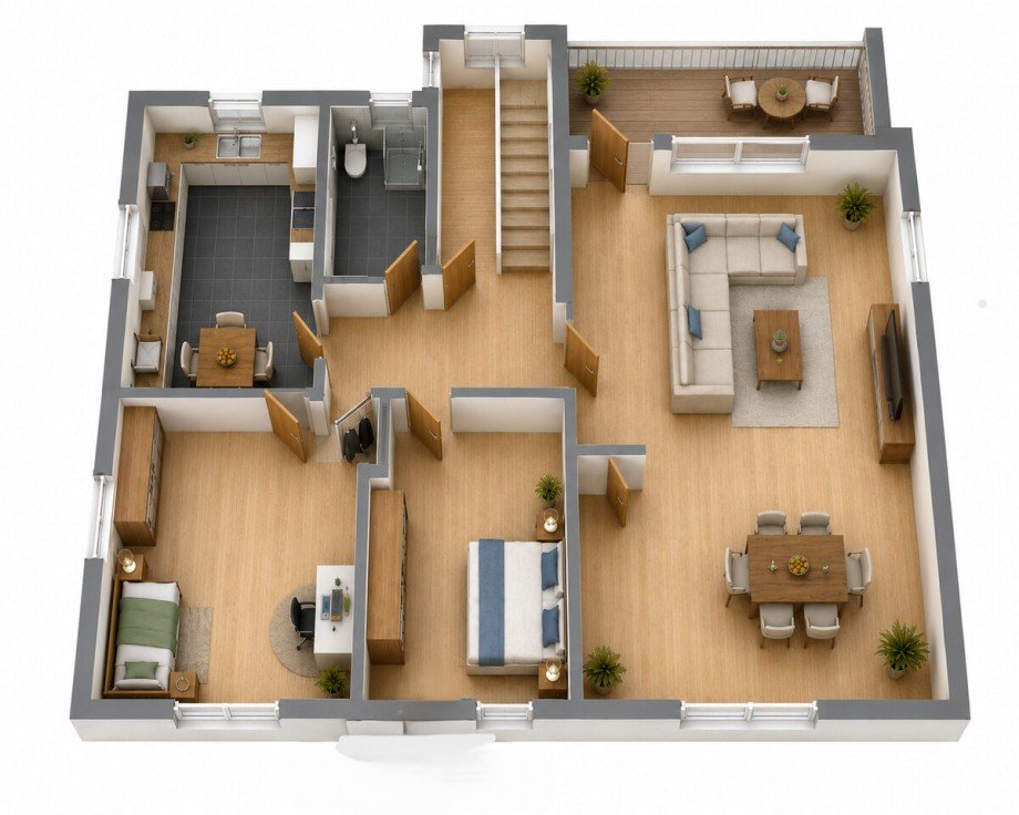 Obergeschoss - KI-generierter 3D-Grundriss Zweifamilienhaus Lindenfels