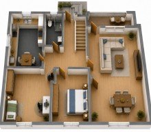 Erdgeschoss - KI-generierter 3D-Grundris Zweifamilienhaus mit sch�nem Garten in idyllischer Lage von Lindenfels im Odenwald
