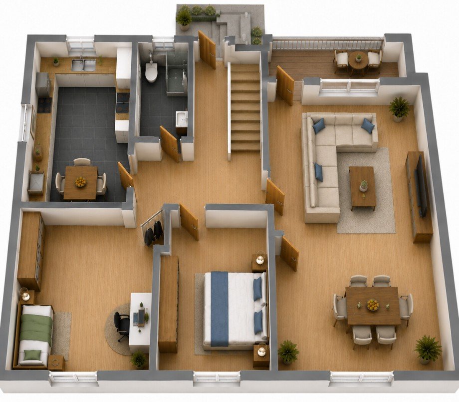 Erdgeschoss - KI-generierter 3D-Grundris Zweifamilienhaus Lindenfels