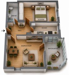 3 D Grundriss 2-Zimmer-Wohnung mit Wintergarten in attraktiver Wohnlage in Heppenheim