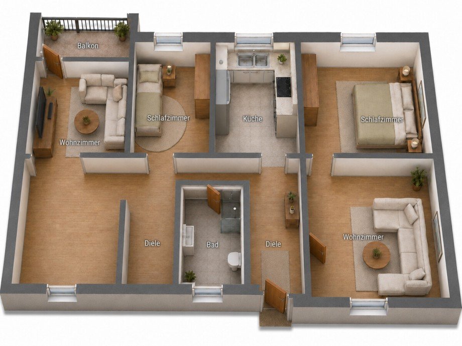 Obergeschoss - KI-generierter 3D-Grundris Zweifamilienhaus Reichelsheim