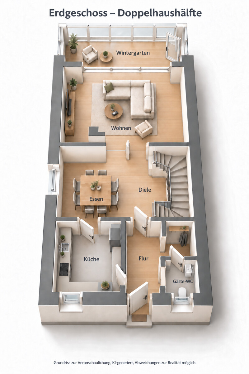 3 D Grundriss EG KI generiert Doppelhaush�lfte Heddesheim
